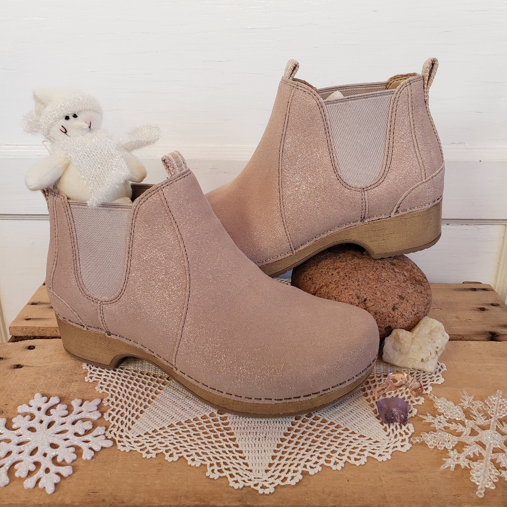 Shimmer Dansko Becka Boots Cream Taupe Glitter Clog Ankle Bootie Boho Chic 38
